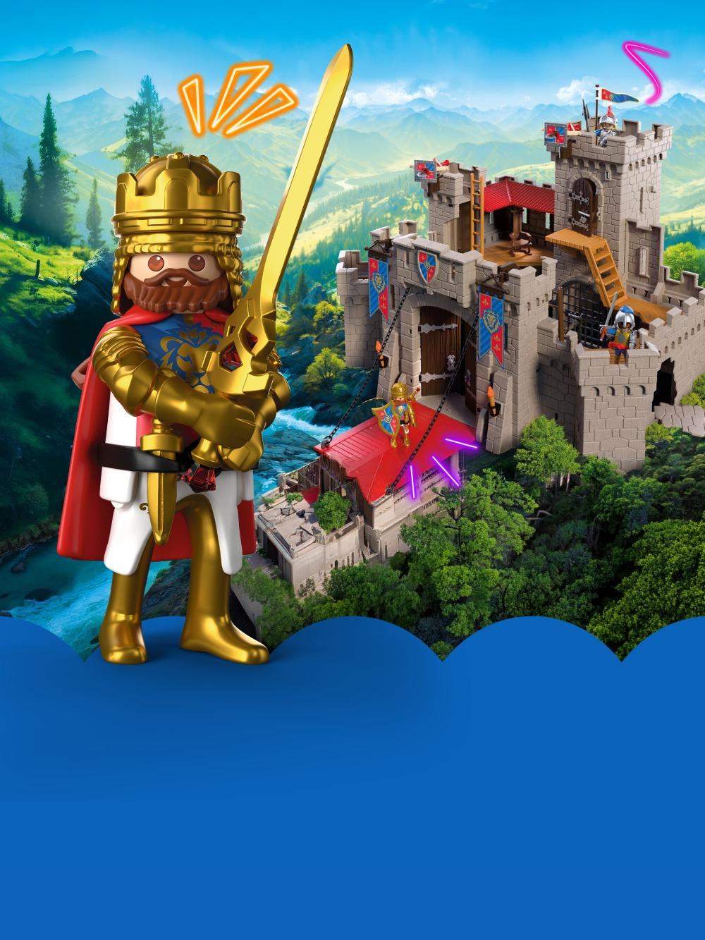 Figura de cavaleiro PLAYMOBIL com espada sobre fundo azul ao lado do t&iacute;tulo &ldquo;Novo Mundo dos Cavaleiros!&rdquo;.
