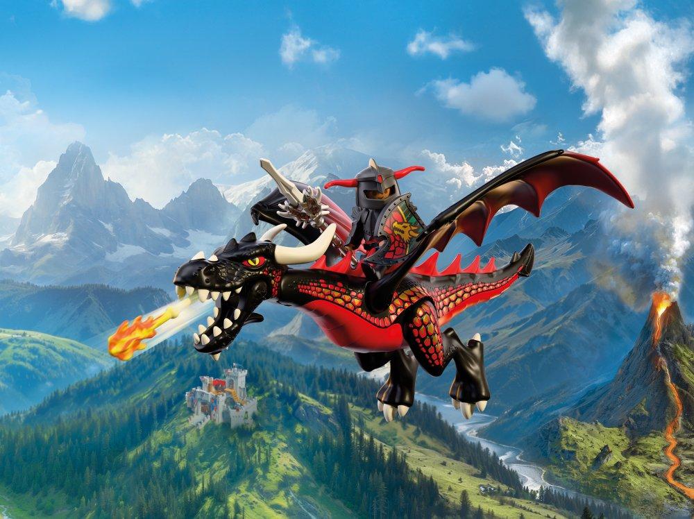 Playmobil Rhazak the ancient dragon carrying Dragon Prince Varek, soaring above a fantasy kingdom with fire breath, dragon armor and medieval adventure in the Shadow Realm.