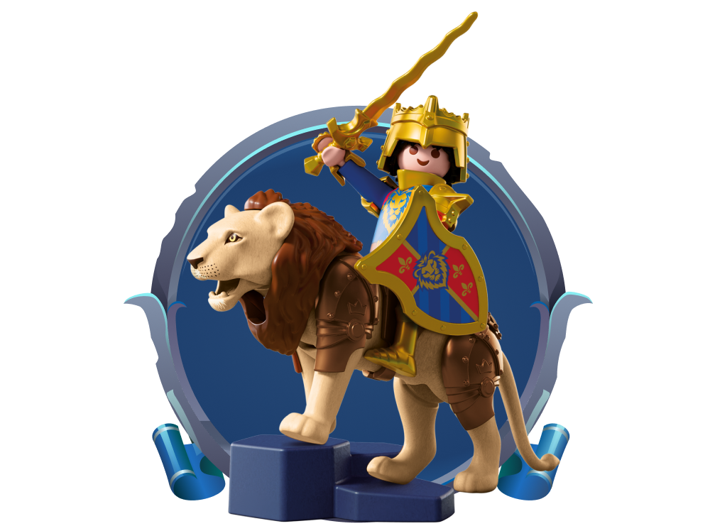 Playmobil Roarclaw the lion and Lord Jaro, legendary Lion Knights guardians of Leontaris, charging into battle with royal armor, shield and sword in an epic medieval fantasy kingdom adventure.