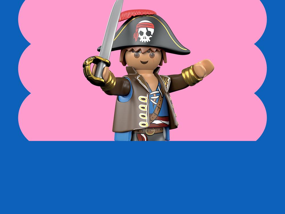Playmobil Piratenfigur mit S&auml;bel vor rosa Hintergrund neben dem Titel &bdquo;Entdecke unsere Bestseller&ldquo;.